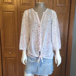Maurices White Button-Front Tie-Hem Blouse with Coral And Purple Accents